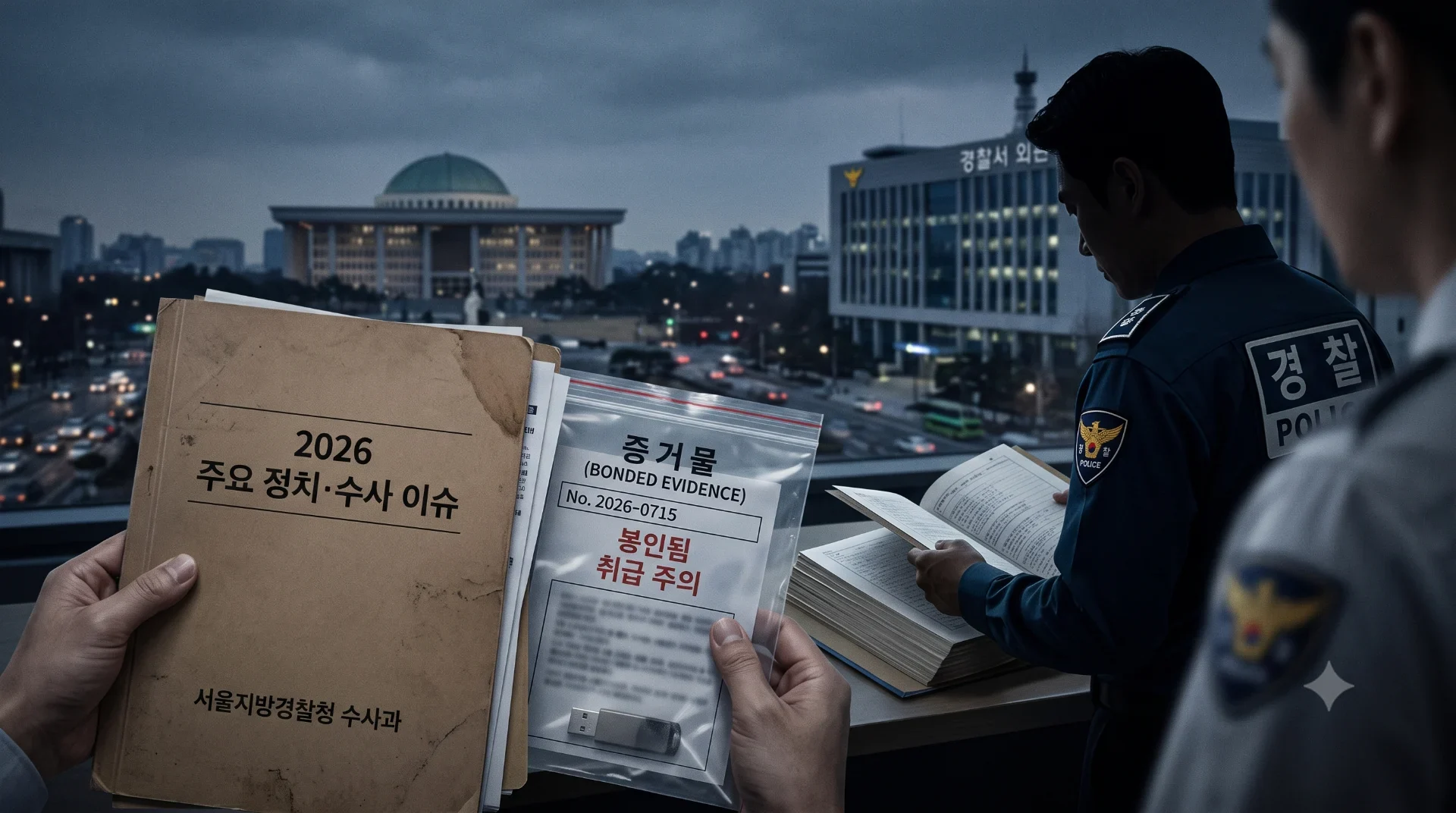 국회와 경찰 수사를 상징하는 문서와 증거 봉투 이미지