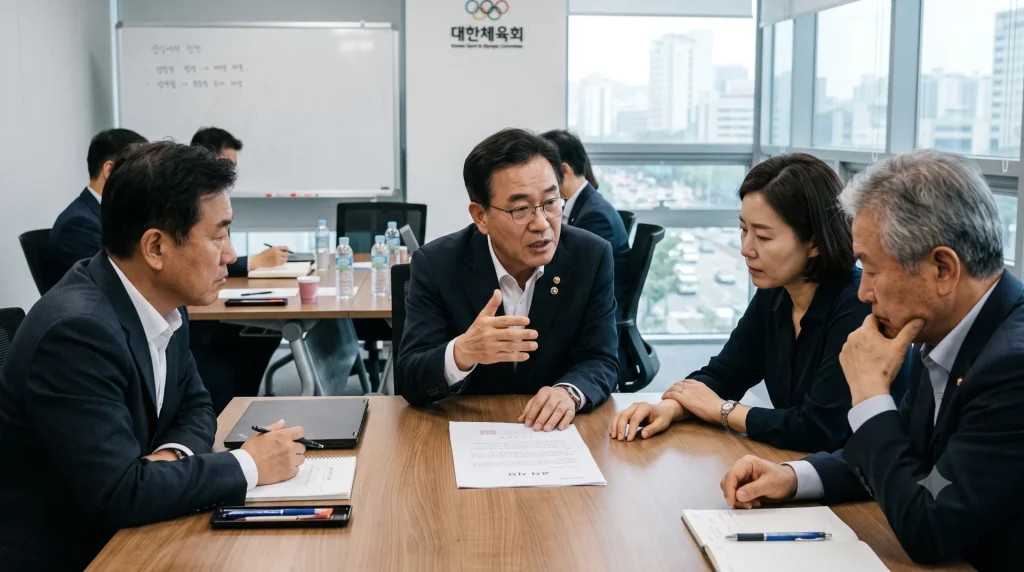 회의실 테이블 위에 놓인 공식 서한 문서 한 장을 두고 대한체육회 관계자들이 대화
