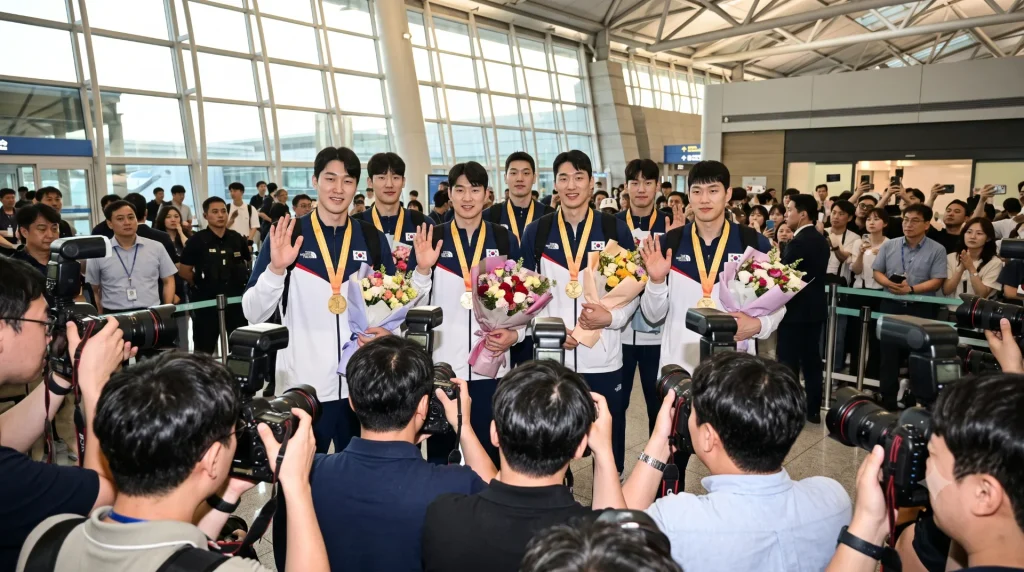 인천국제공항 입국장에 금메달을 목에 건 남자 농구 대표팀이 꽃다발을 들고 팬·취재진 앞에 서 있는 장면