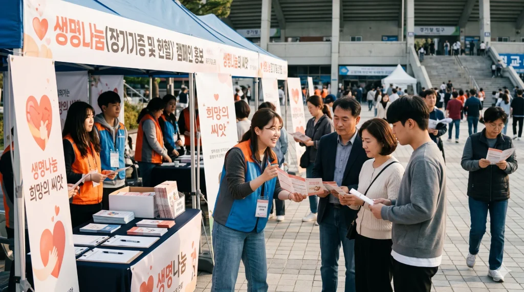 야외 경기장 광장에 설치된 생명나눔 캠페인 홍보 부스와 시민들이 안내 팸플릿을 보고 대화하는 장면