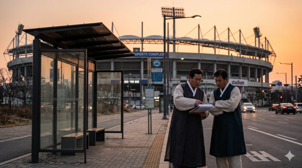 야구장·축구장 등 대형 경기장 앞에서 버스 정류장이 비어 있고, 한복 차림의 감독·코치가 서류를 들여다보며 논의하는 장면