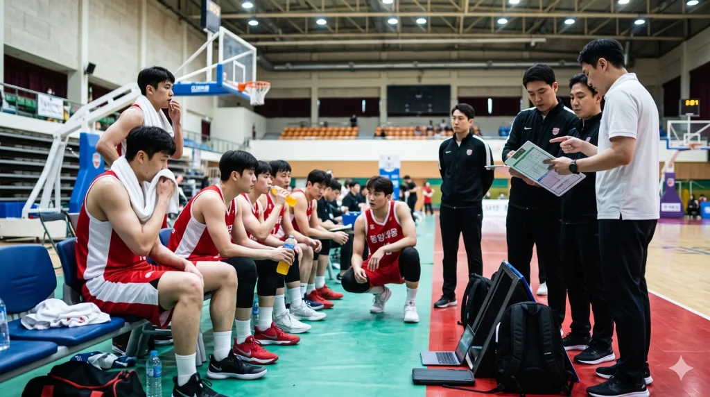 농구 코트 옆 벤치에 앉아있는 선수들이 휴식을 취하는 모습과 한쪽에서 경기 기록지를 보는 스태프의 모습