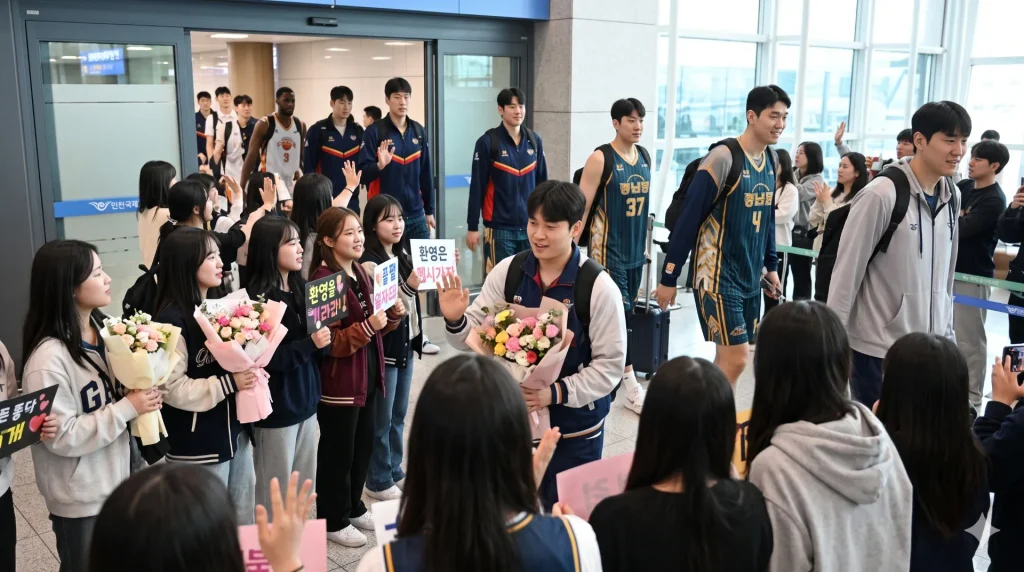 6:9 가로 비율의 고해상도 사진 스타일로, 국내 공항 도착구역에서 환영 꽃다발이나 작은 플래카드를 들고 있는 팬들이 보이는 장면