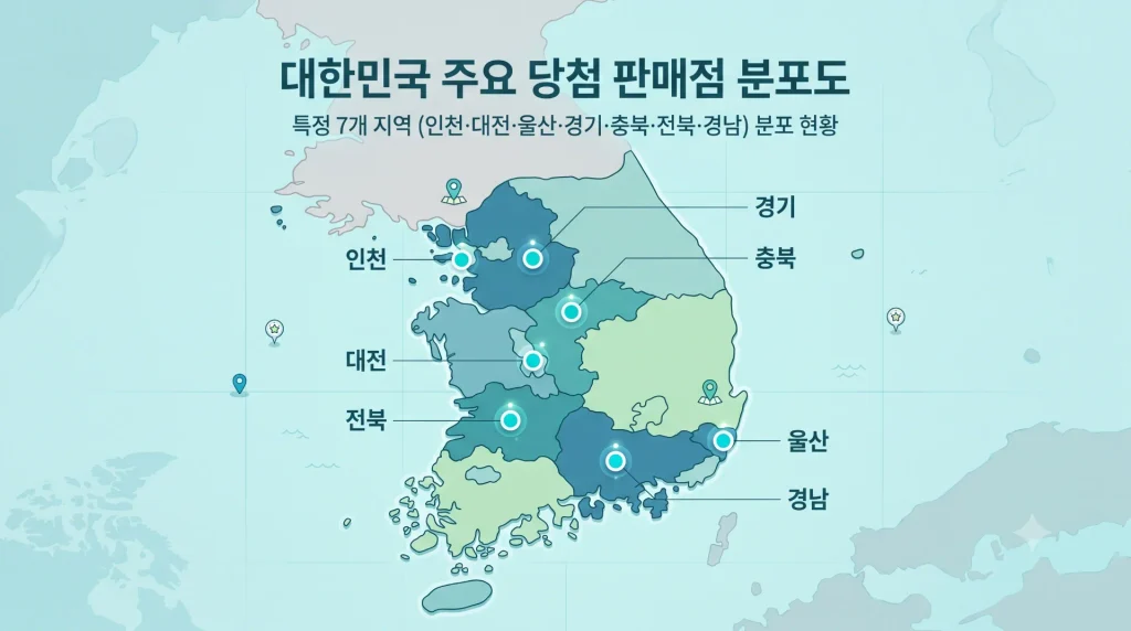 단순화된 대한민국 지도 일러스트에 인천·대전·울산·경기·충북·전북·경남 지역을 점으로 표시