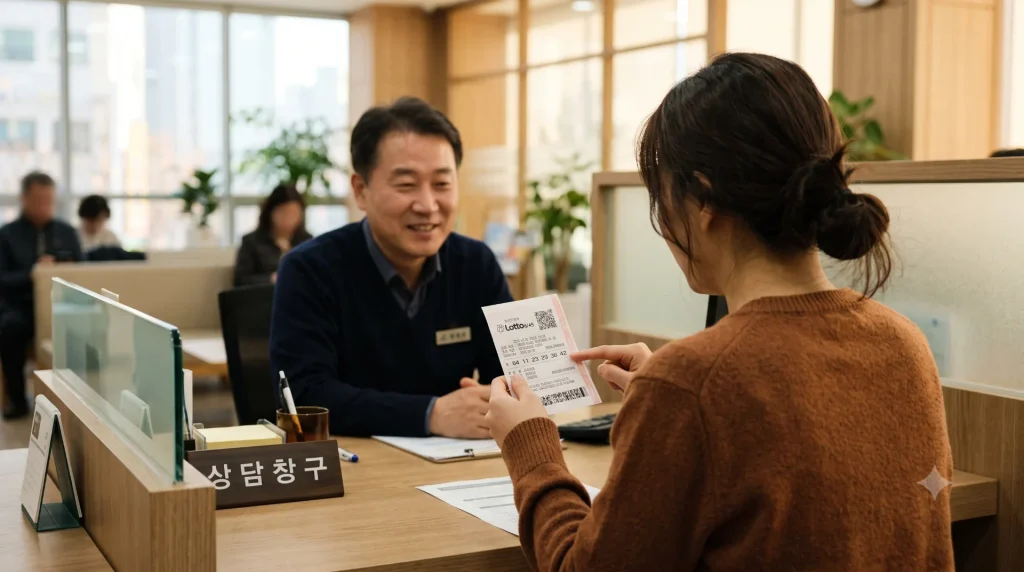 익명 처리된 인물이 은행 창구 앞에서 복권을 들고 상담하는 장면