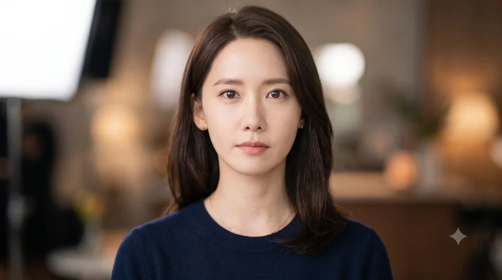 스튜디오 조명 아래에서 신중한 표정으로 정면을 바라보는 여성의 클로즈업 초상