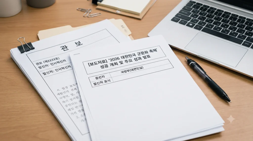 공무원 사무실 책상 위에 놓인 관보와 정부 보도자료 문서
