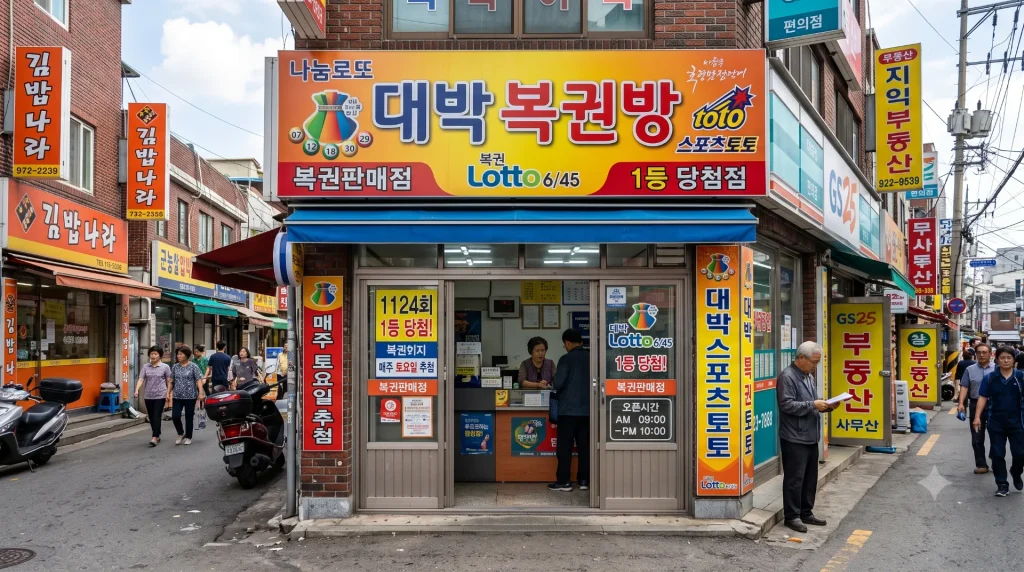복권 판매점 앞 간판과 출입구