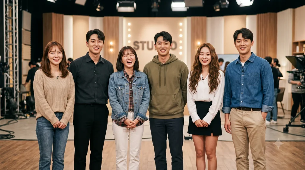 스튜디오 촬영을 배경으로 한 그룹 샷