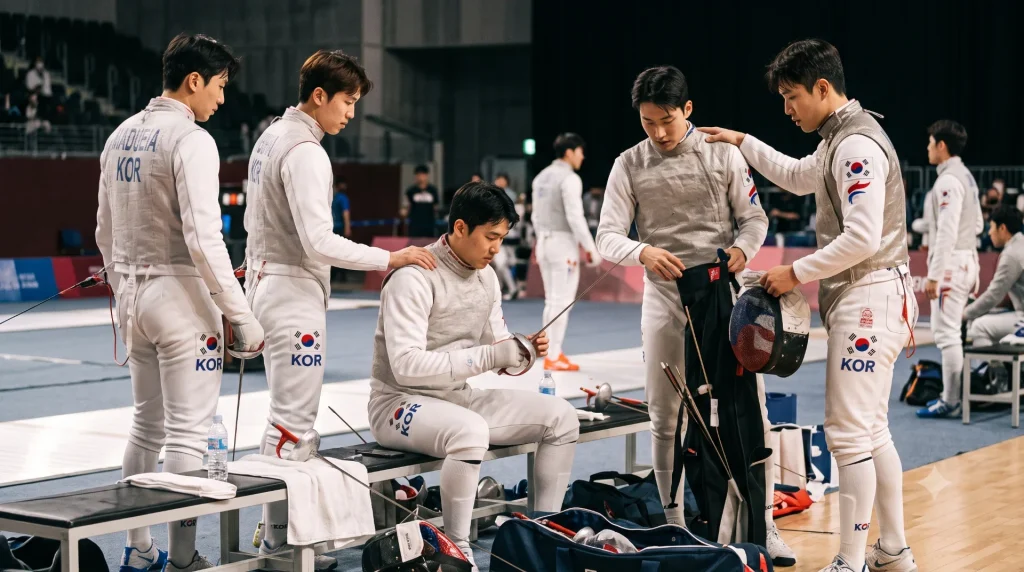 팀 출전 선수들이 경기 전 집중하는 모습(벤치 옆에서 장비를 점검하거나 서로 격려하는 장면). 부드러운 측광으로 선수들의 표정과 장비 디테일을 살리고 경기 분위기를 전달하는 보도사진