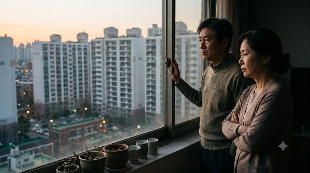 고층 아파트 단지 전경을 배경으로 가까이에서 중년 부부가 창문 너머로 단지를 바라보는 장면