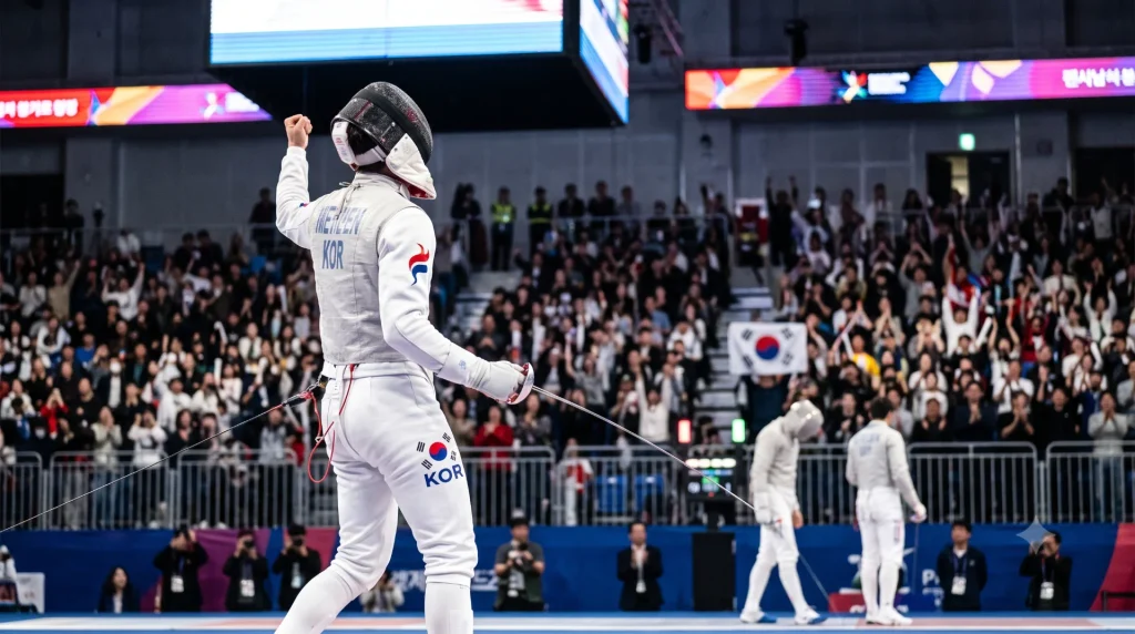 밝은 실내 경기장 조명 아래 펜싱 남자 사브르 결승에서 승리를 확정한 한국 선수의 순간(뒷모습과 관중의 환호가 보이는 구성)
